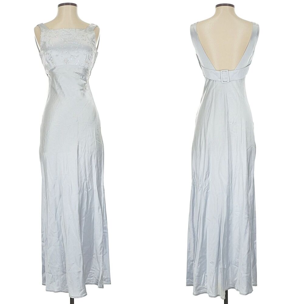 Vintage 90s All That Jazz Silver Formal Maxi Dress Satin Sequins Size 5/6